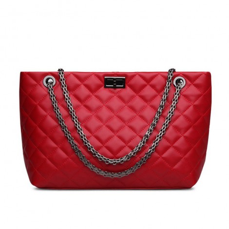 Rosaire « Apolline » Quilted Tote Bag Cowhide Leather with Chain Shoulder Strap in Red Color / 75135