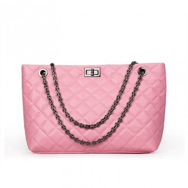 Rosaire « Apolline » Quilted Tote Bag Cowhide Leather with Chain Shoulder Strap in Pink Color / 75135