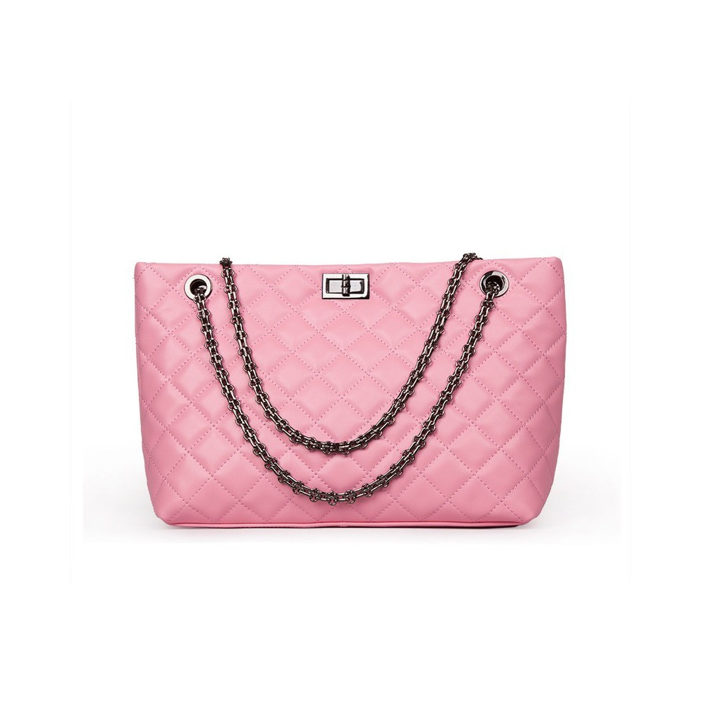 Rosaire « Apolline » Quilted Tote Bag Cowhide Leather with Chain Shoulder Strap in Pink Color / 75135