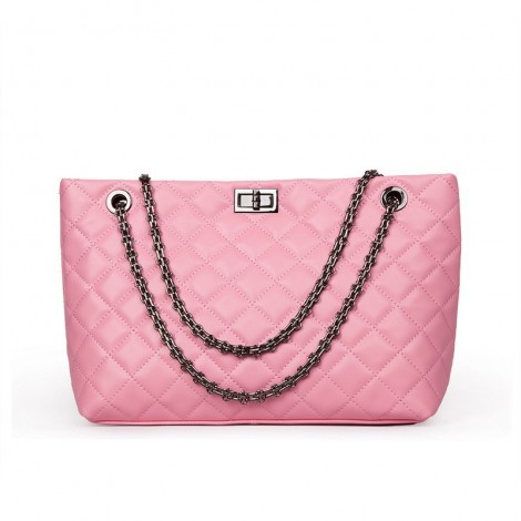 Rosaire « Apolline » Quilted Tote Bag Cowhide Leather with Chain Shoulder Strap in Pink Color / 75135