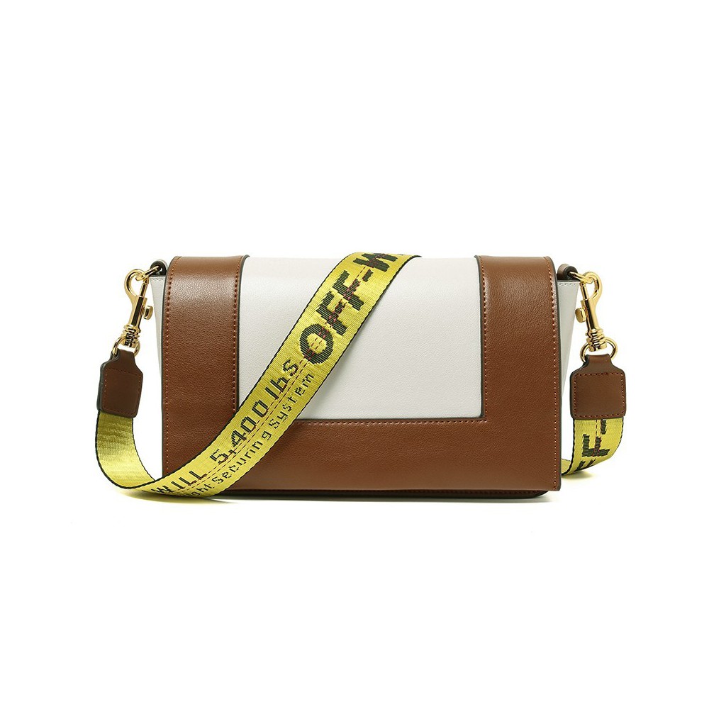 Eldora Genuine Leather Shoulder Bag with Yellow Shoulder Strap Brown White 76360