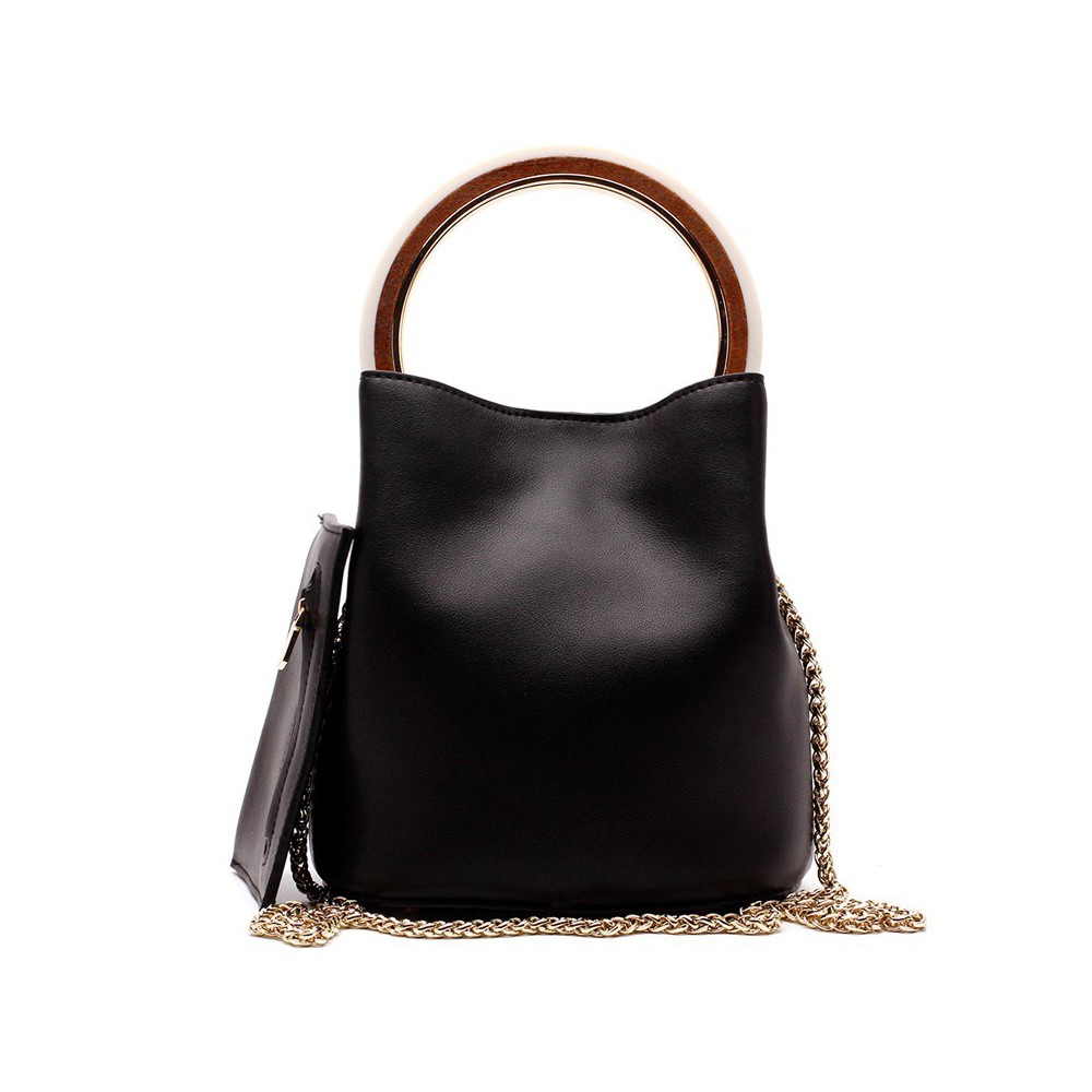 Eldora Genuine Leather Bucket Bag Black 76405