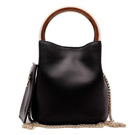 Eldora Genuine Leather Bucket Bag Black 76405