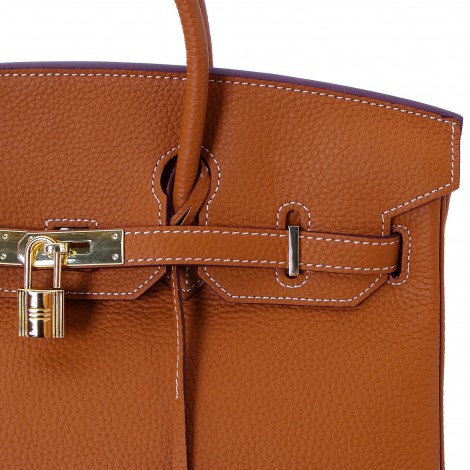 Rosaire « Beaubourg » Genuine Cowhide Full Grain Leather Top Handle Bag  Padlock in Red / Gold 15881