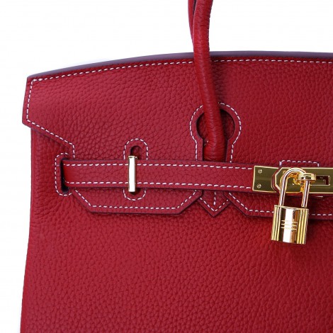 Rosaire « Beaubourg » Top Handle Bag Made of Genuine Togo Full Grain Leather  with Padlock in Rose Tyrien Color / Gold 15881