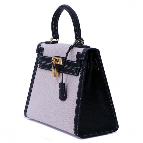 Rosaire « Capucine » Top Handle Bag Made of Togo Leather and Canvas with  Shoulder Strap and Padlock / Black Color 75163